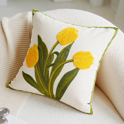 Green & Pink Tulip Embroidered Pillow Cover | Bowlift