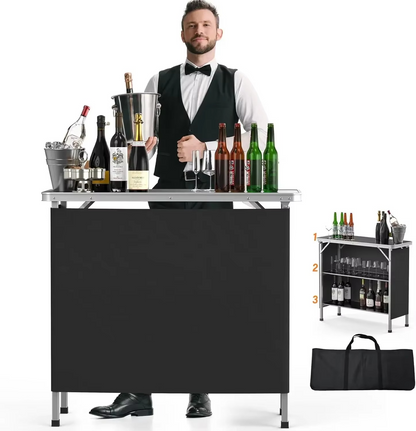 Skanto | Portable 3-Tier Foldable Bar Table with Black Skirt for Events and Indoor Use