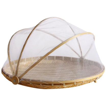 Skanto | Bamboo Woven Basket with Anti-Mosquito Net - Portable Outdoor Fruit and Vegetable Table with Mesh Cover