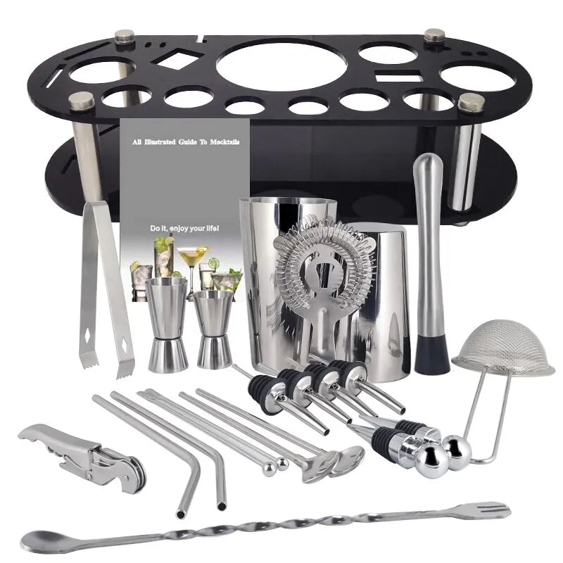 Skanto | 13-22 pcs Boston Cocktail Shaker Set - 750ml & 600ml Bar Tools, Wine Mixer Set with Holder - Professional Bartender Tool Kit