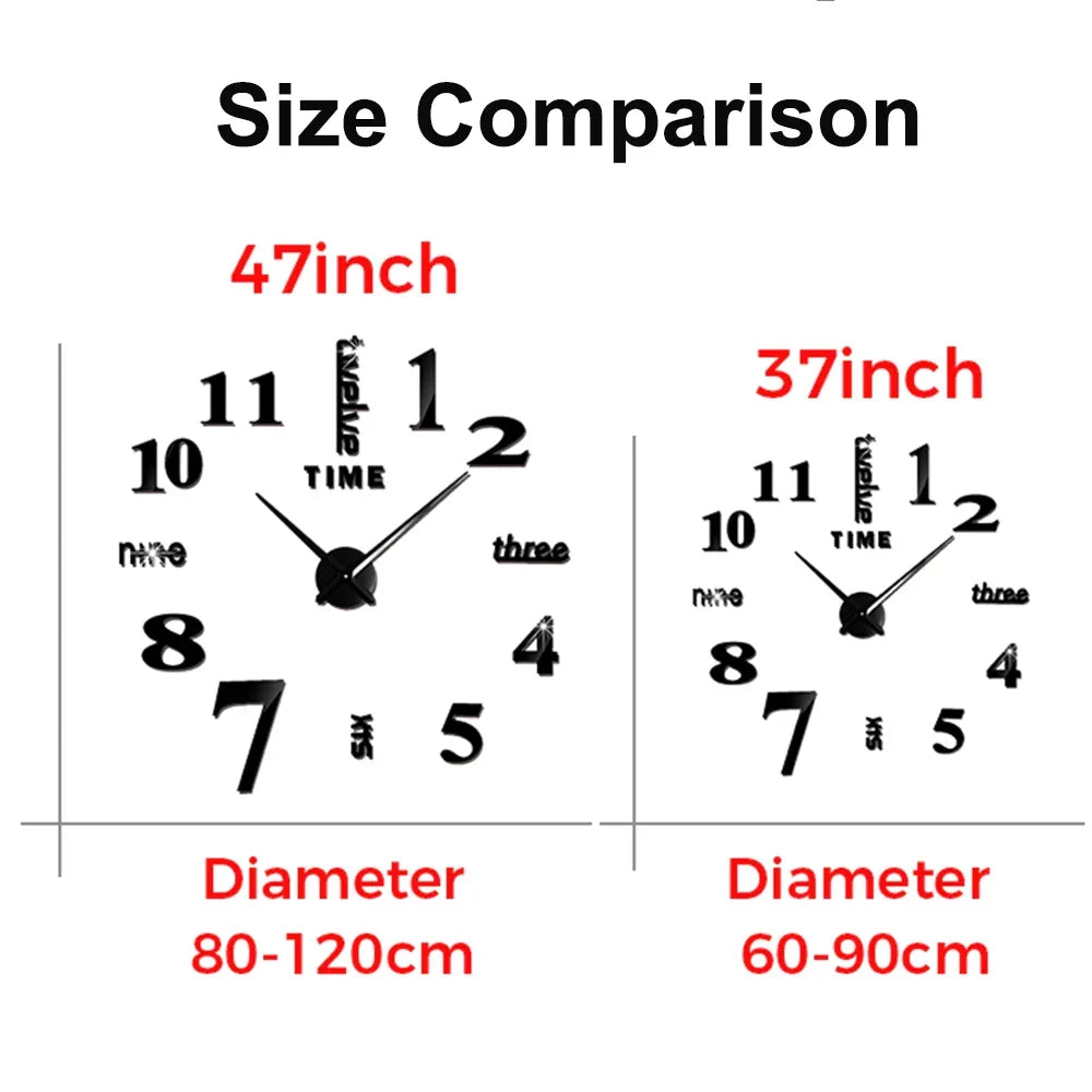 Big Wall Clock DIY 3D Self Adhesive Mirrored Acrylic Wall Clock For Kitchen Dining Room Living Room Creative Home Decor | Bowlift