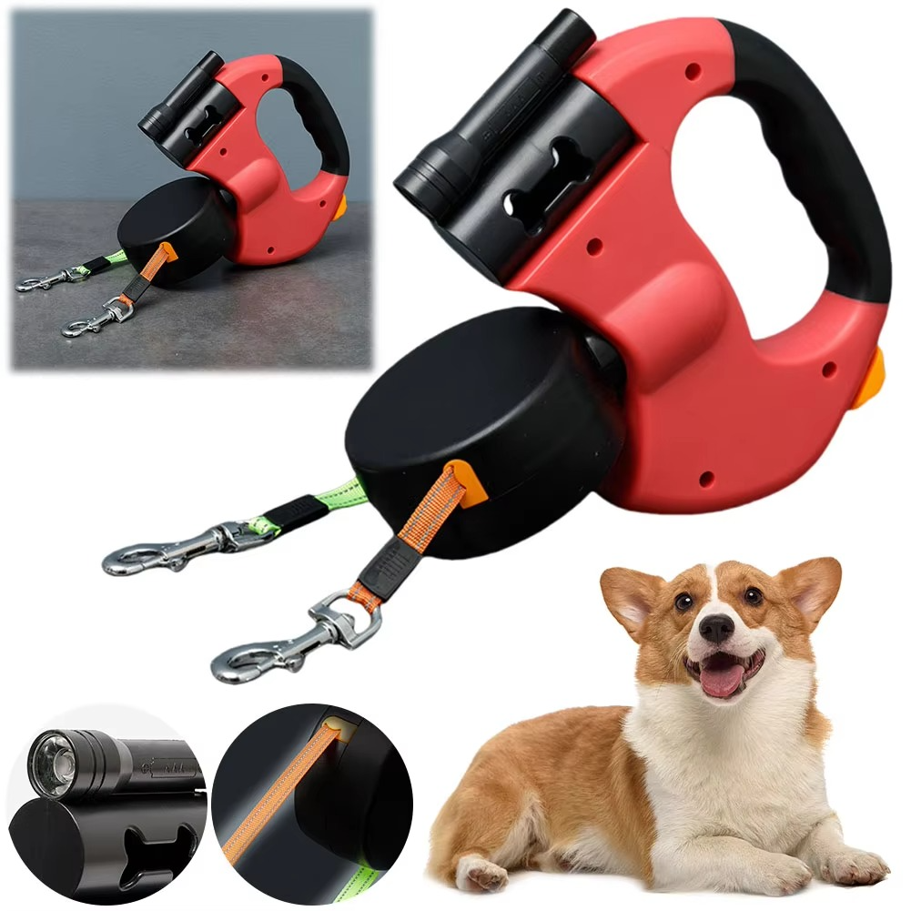 Skanto | Foldable Double Dog Leash with 360° Swivel and LED Safety Light for Walking Two Dogs