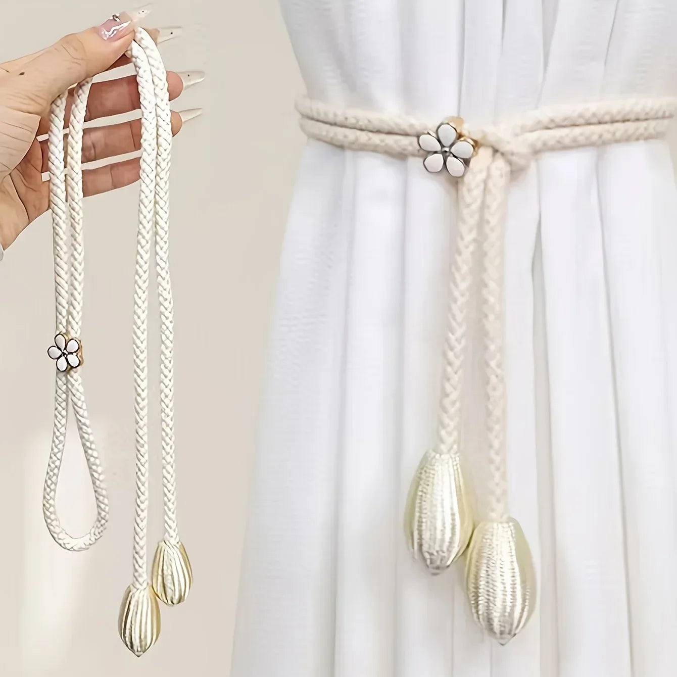 BowLift | Floravia Curtain Holders 2-Piece Set | Adjustable Without Drilling | With Flower Buckle | Elegant Home Accessory