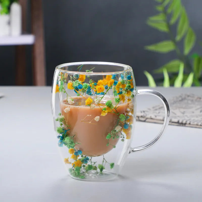 2pcs Dried Flowers Double-Walled Glass Mug
