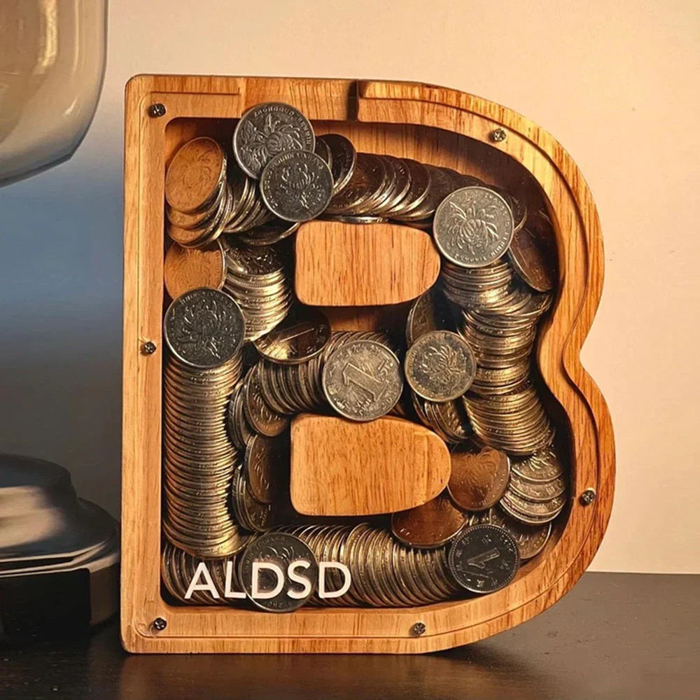 Skanto | Wooden Alphabet Piggy Bank with Transparent Window for Stylish Saving