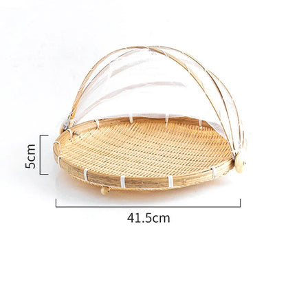 Skanto | Bamboo Woven Basket with Anti-Mosquito Net - Portable Outdoor Fruit and Vegetable Table with Mesh Cover