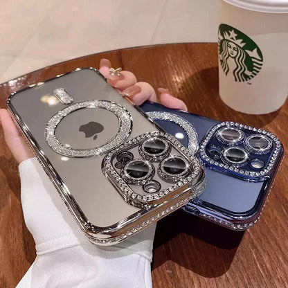 Luxury Glitter Bling MagSafe Case with Crystal Lens for iPhone 15 16 11 12 13 14 Pro Max 16 Plus Magnetic Wireless Charging Clear Case