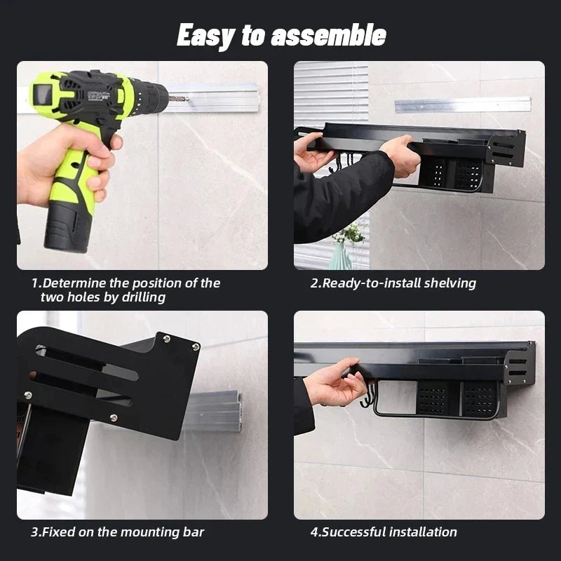 Kitchen wall shelf made of metal – Self-adhesive & screwable | Non-slip wave pattern | Mounting accessories included Bowlift