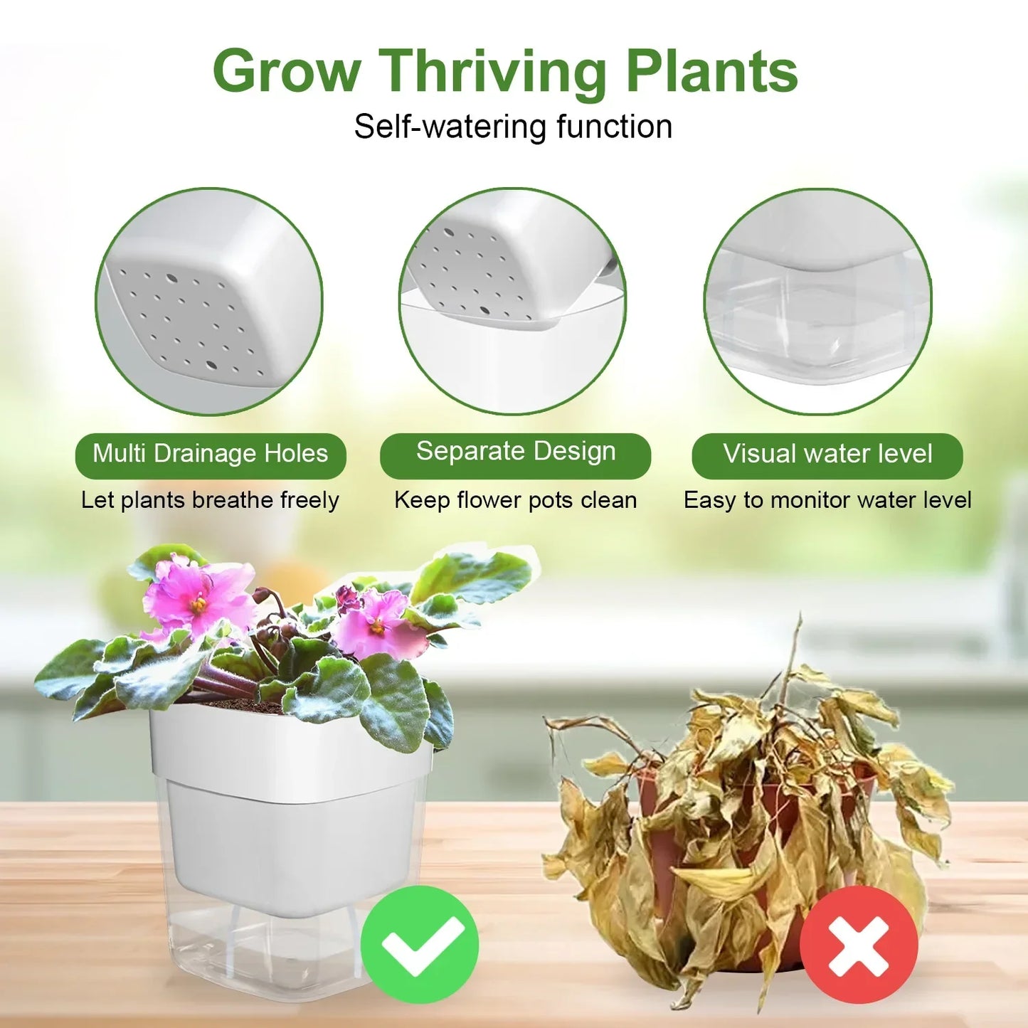 Skanto | BloomEase Plant Pot | Self-Watering & Space-Saving | With Water Level Indicator | For Indoor Plants & Herbs