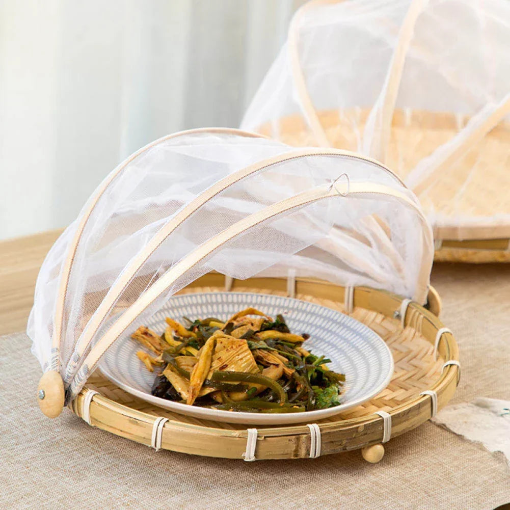 Skanto | Bamboo Woven Basket with Anti-Mosquito Net - Portable Outdoor Fruit and Vegetable Table with Mesh Cover