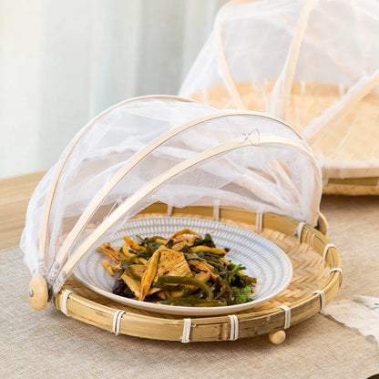 Skanto | Bamboo Woven Basket with Anti-Mosquito Net - Portable Outdoor Fruit and Vegetable Table with Mesh Cover