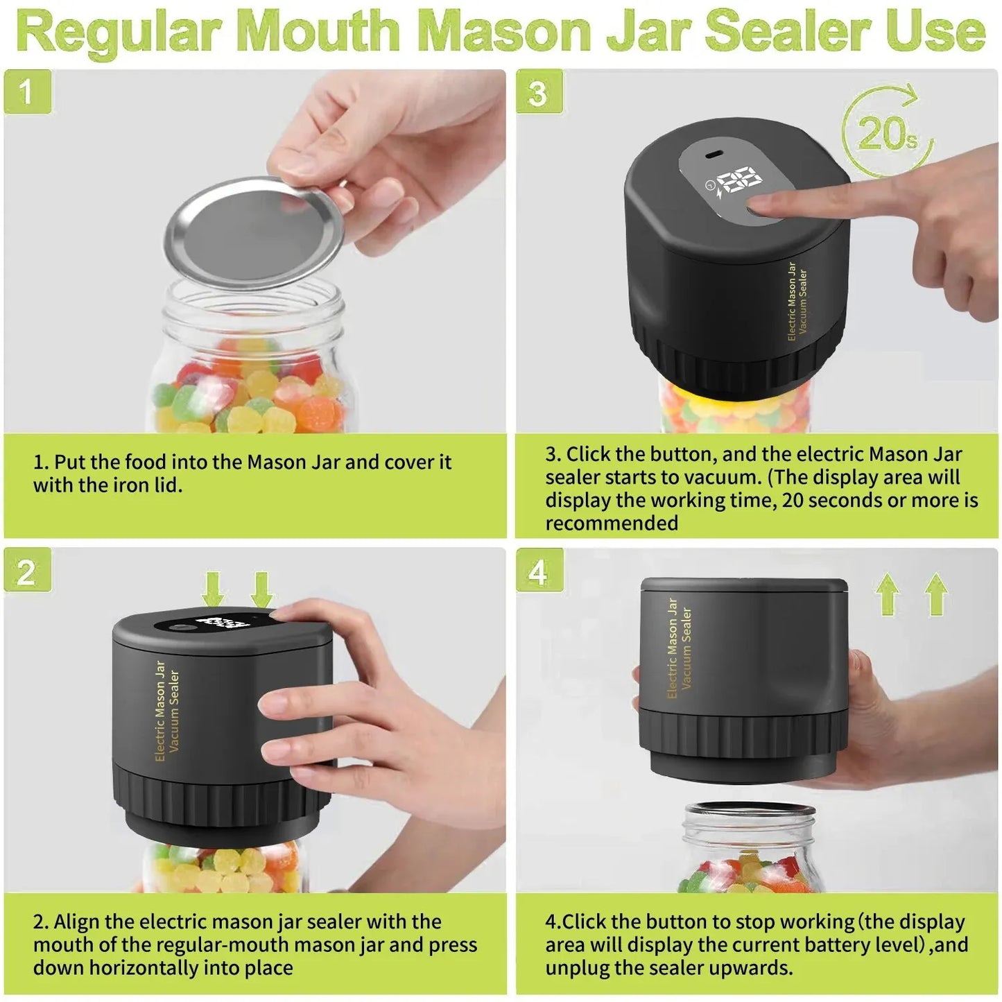 Skanto | Electric Mason Jar Vacuum Sealer Kit - Wireless Sealer for Wide & Regular Mouth Mason Jars - Ideal for Food Storage