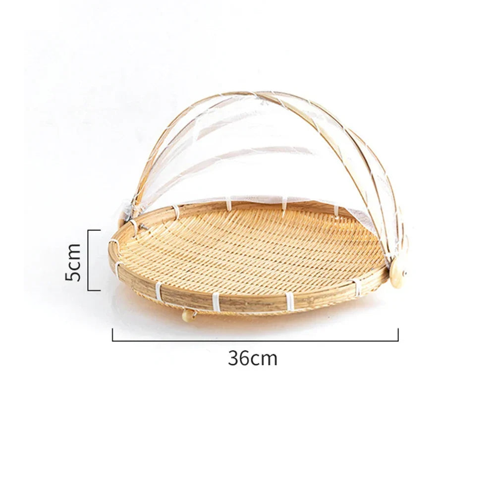 Skanto | Bamboo Woven Basket with Anti-Mosquito Net - Portable Outdoor Fruit and Vegetable Table with Mesh Cover