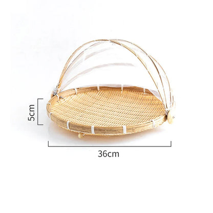 Skanto | Bamboo Woven Basket with Anti-Mosquito Net - Portable Outdoor Fruit and Vegetable Table with Mesh Cover
