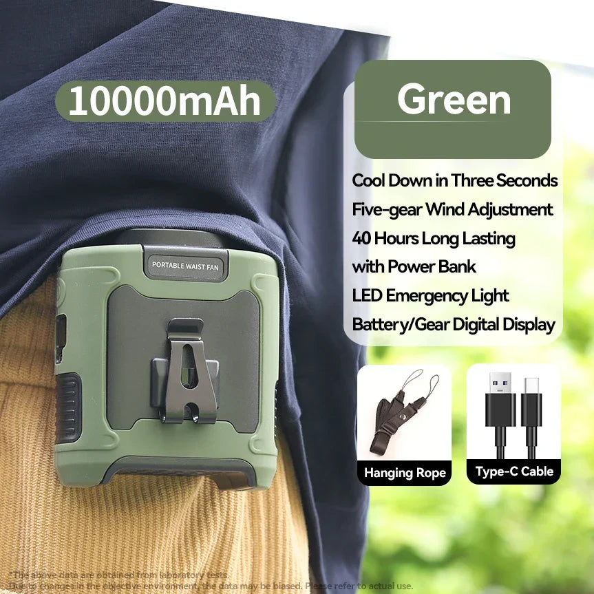 20000mAh Portable Waist Fan – Hanging Neck Fan with Power Bank, Strong Wind, LED Lighting for Sports, Courier, Outdoor Work | Bowlift