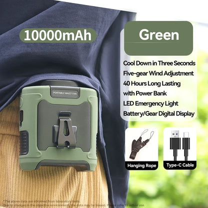 Portable Waist Fan – Hanging Neck Fan with Power Bank, Strong Wind, LED Lighting for Sports, Courier, Outdoor Work | Kalsten