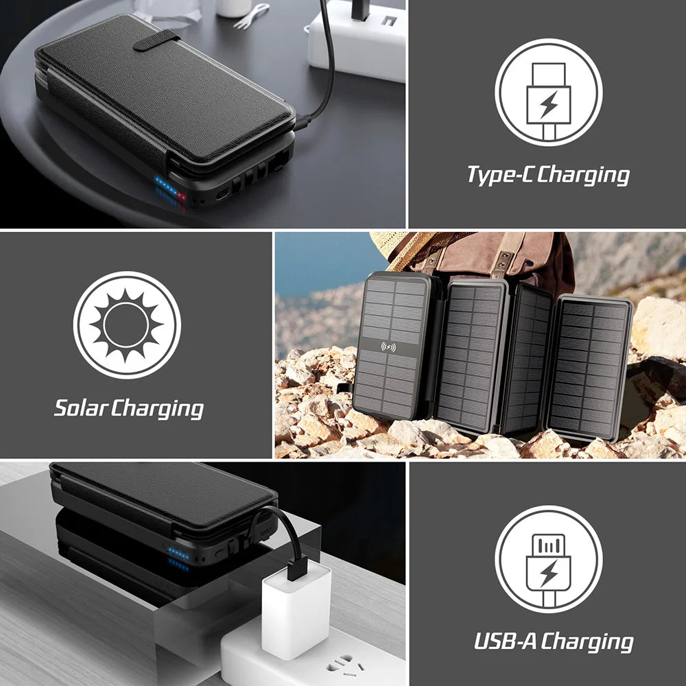 BowLift | Solar Powerbank VoltCore X Pro 43800mAh | 20W Fast Charging | 10W Wireless Charging | Integrated Cables & LED Lamp | Outdoor & Travel