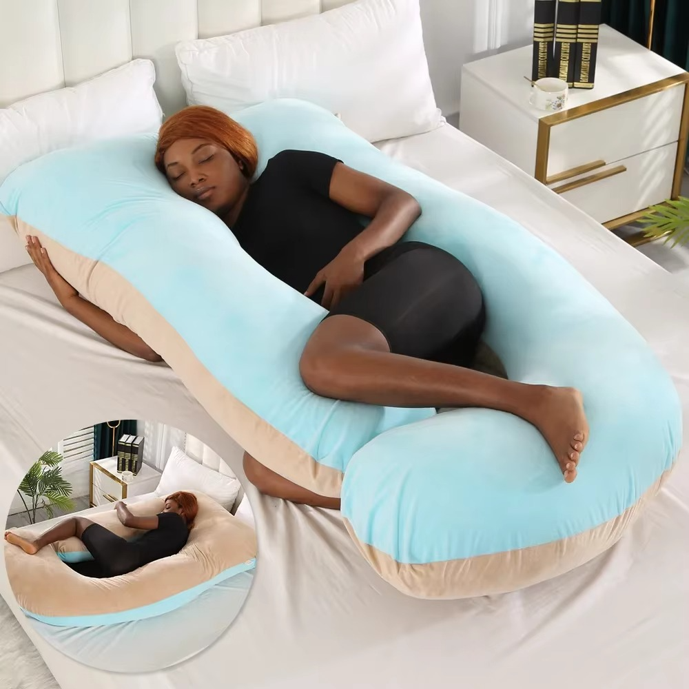 J-shaped pregnancy pillow for side sleeping and breastfeeding