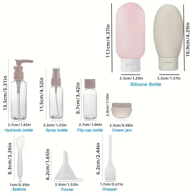 BowLift | TravelEase 11-piece Travel Bottle Set | Refillable Containers for Cosmetics & Care | Cabin Luggage Approved & Leak-proof