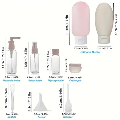 BowLift | TravelEase 11-piece Travel Bottle Set | Refillable Containers for Cosmetics & Care | Cabin Luggage Approved & Leak-proof