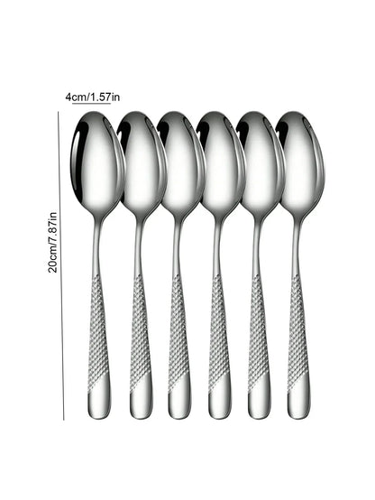 Skanto | High-Quality Stainless Steel Silver Star Diamond Cutlery Set - Includes Knife, Fork, Spoon & Dessert Fork & Spoon - 6-Piece/30-Piece Options