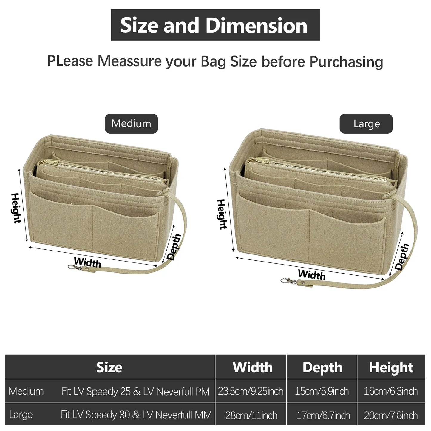 BowLift | TaschenLuxe Organizer Inlay | Felt insert with zipper | 15 compartments & key strap | For handbags & shoppers