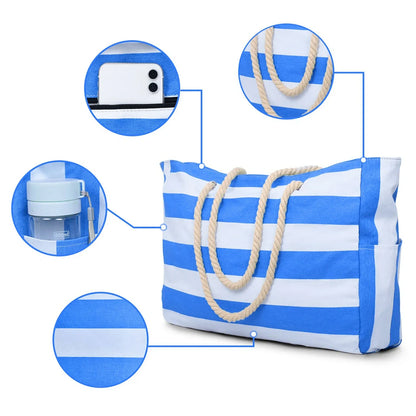 BowLift | Marivalis Striped Beach Bag with Zipper | Foldable & Waterproof | Sand Resistant Canvas | For Travel & Vacation