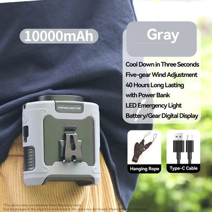 20000mAh Portable Waist Fan – Hanging Neck Fan with Power Bank, Strong Wind, LED Lighting for Sports, Courier, Outdoor Work | Bowlift