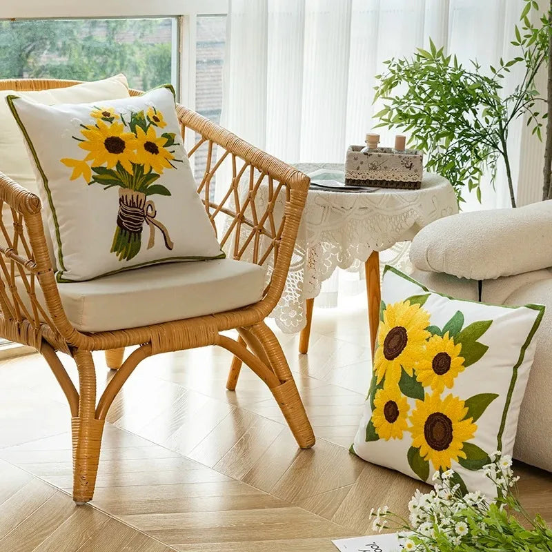 BowLift | Cotton Embroidered Decorative Pillow 45x45 cm with Sunflower Pattern