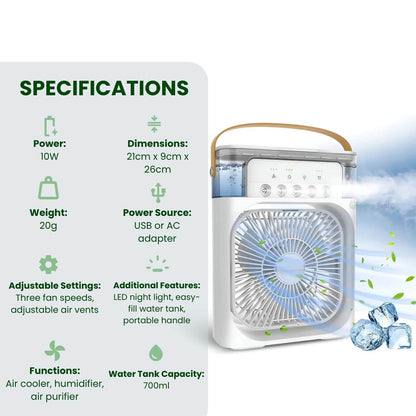 3-in-1 Air Cooler Humidifier | Portable, adjustable fan speeds & Ideal for Bedrooms, Offices & Small Rooms | Karnz