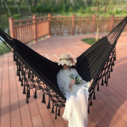 Skanto | Fringe Hammock Double Leather Hammock Outdoor Indoor Photography Props, Specification: 200x150cm Black
