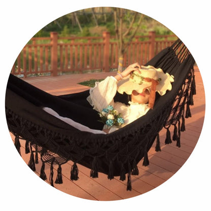 Skanto | Fringe Hammock Double Leather Hammock Outdoor Indoor Photography Props, Specification: 200x150cm Black