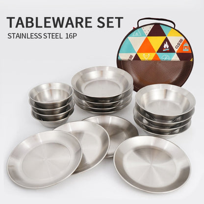 Skanto | 16 PCS / Set Skanto Outdoor Stainless Steel Cutlery Portable Camping Dinner Bowl Plate Set