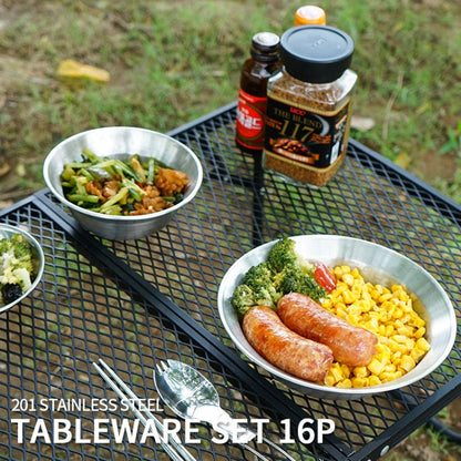 Skanto | 16 PCS / Set Skanto Outdoor Stainless Steel Cutlery Portable Camping Dinner Bowl Plate Set