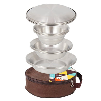 Skanto | 16 PCS / Set Skanto Outdoor Stainless Steel Cutlery Portable Camping Dinner Bowl Plate Set