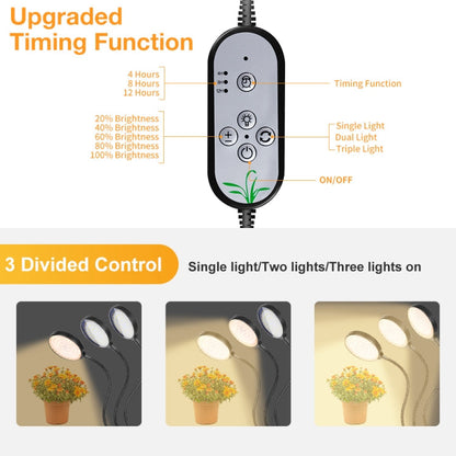 Skanto Skanto | LED Grow Light USB Remote Clip Waterproof Full Spectrum Natural White Seedling Light, Power: 45W Three Heads