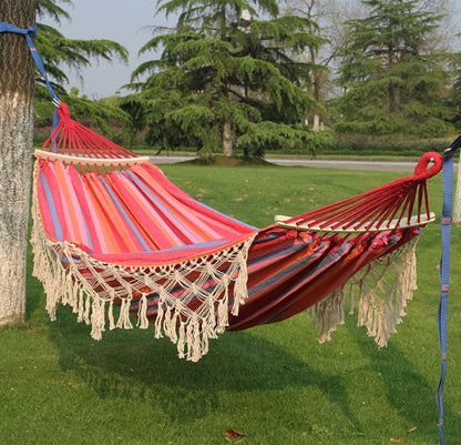 Skanto | 200x150cm Double Outdoor Camping Tassel Canvas Hammock with Stand (Pink Stripes)