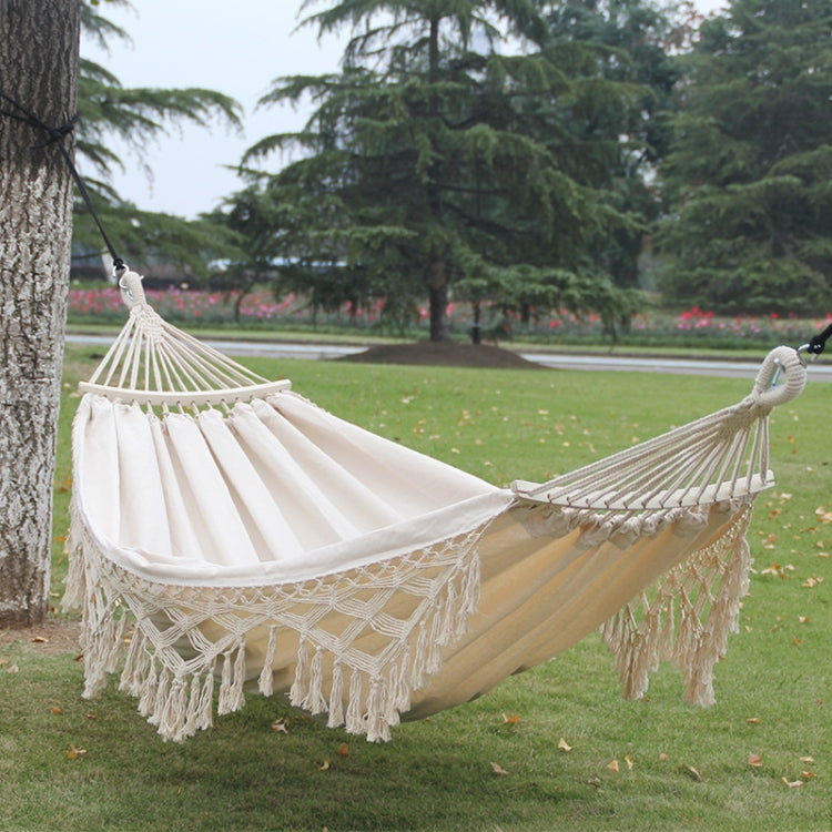 Skanto | 200x150cm Double Outdoor Camping Fringed Canvas Hammock with Bar (White)
