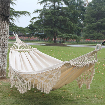 Skanto | 200x150cm Double Outdoor Camping Fringed Canvas Hammock with Bar (White)