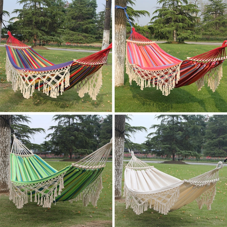 200x150cm Double Outdoor Camping Canvas Hammock with Tassels and Pole (Pink Stripes)