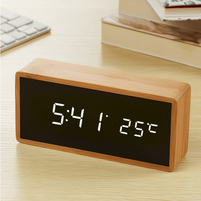 BowLift | LED Bamboo Alarm Clock with Temperature Display & USB/Battery Operation