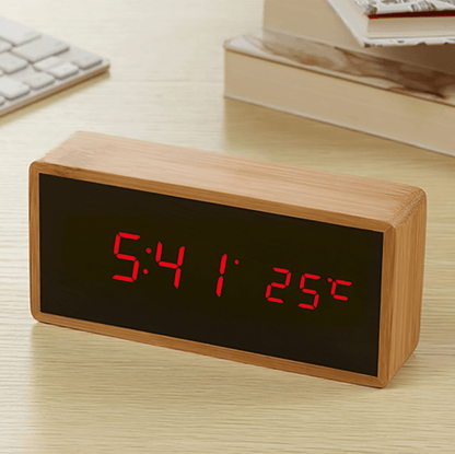 BowLift | LED Bamboo Alarm Clock with Temperature Display & USB/Battery Operation