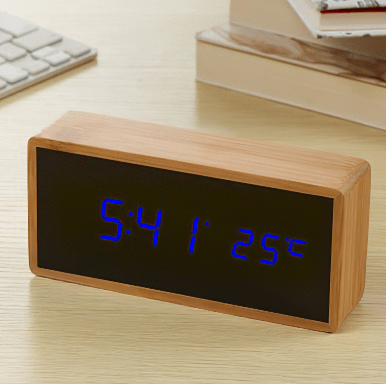 BowLift | LED Bamboo Alarm Clock with Temperature Display & USB/Battery Operation