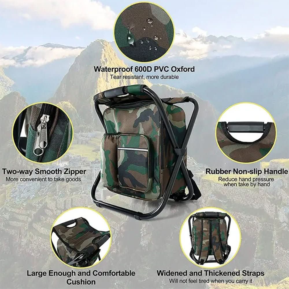 BowLift | 3-in-1 camouflage rucksack with folding chair & cooler compartment