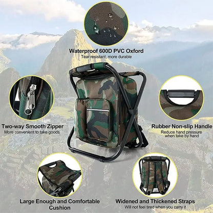 BowLift | 3-in-1 camouflage rucksack with folding chair & cooler compartment