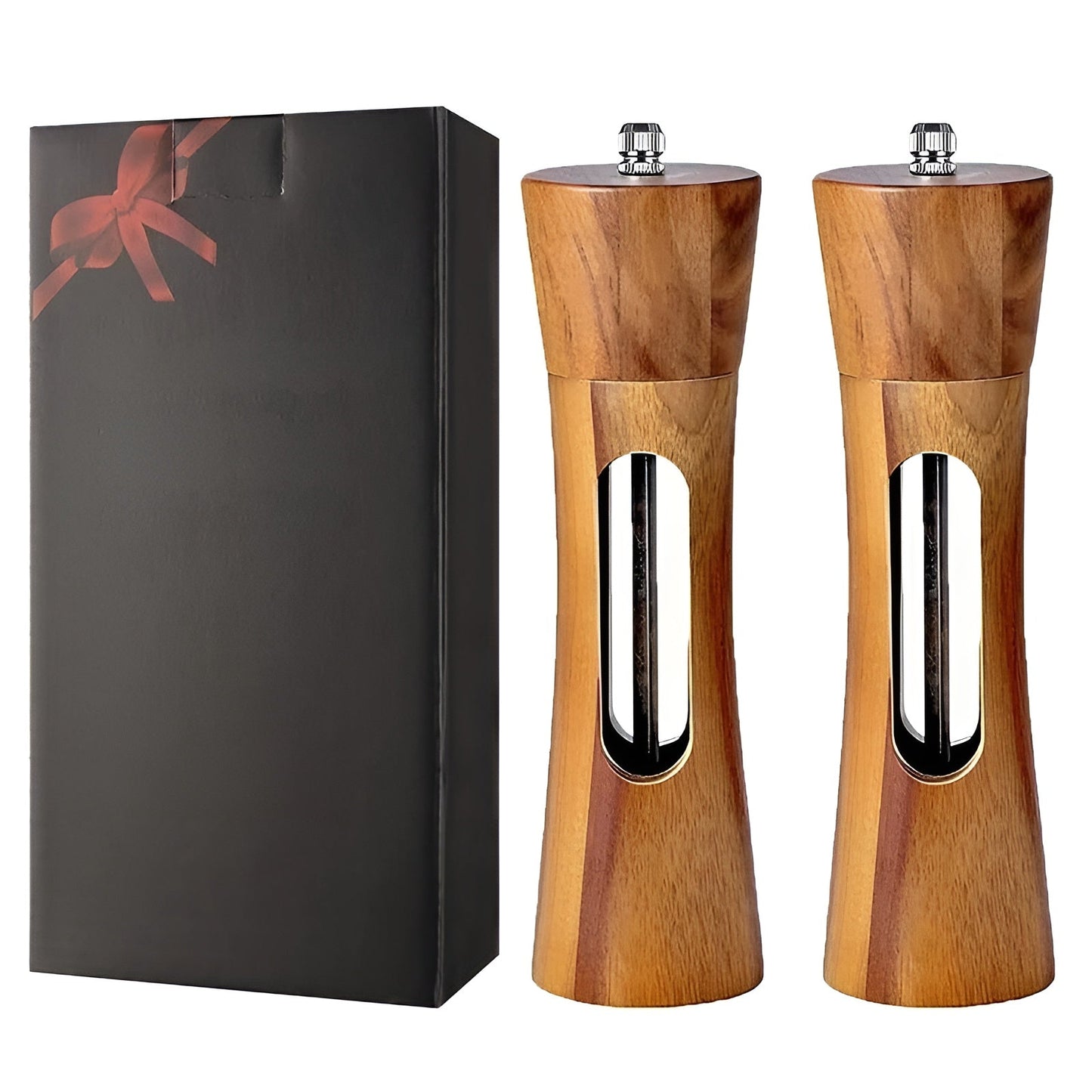 Manual salt and pepper mills – Wood design with acrylic glass window | Set of 2