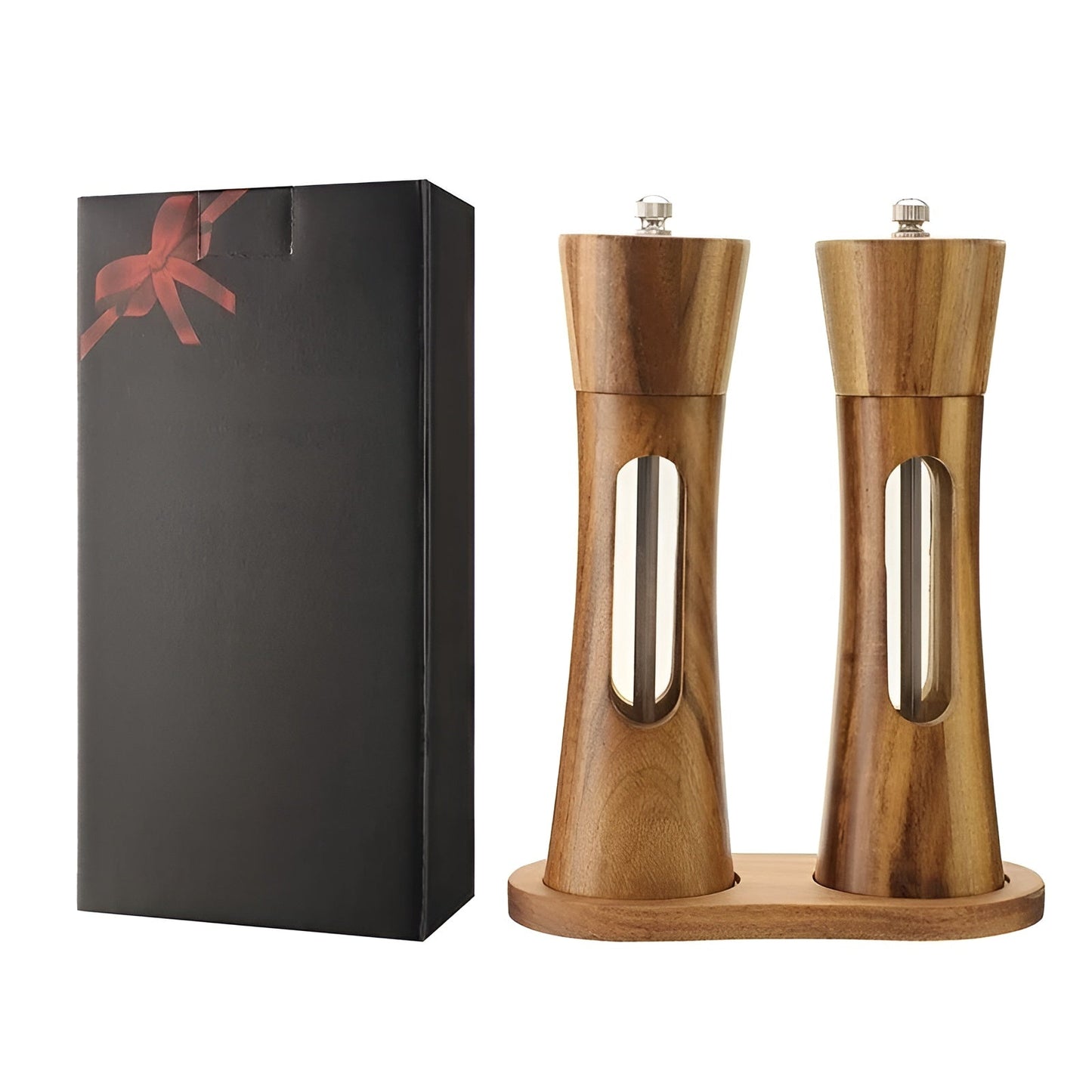 Manual salt and pepper mills – Wood design with acrylic glass window | Set of 2