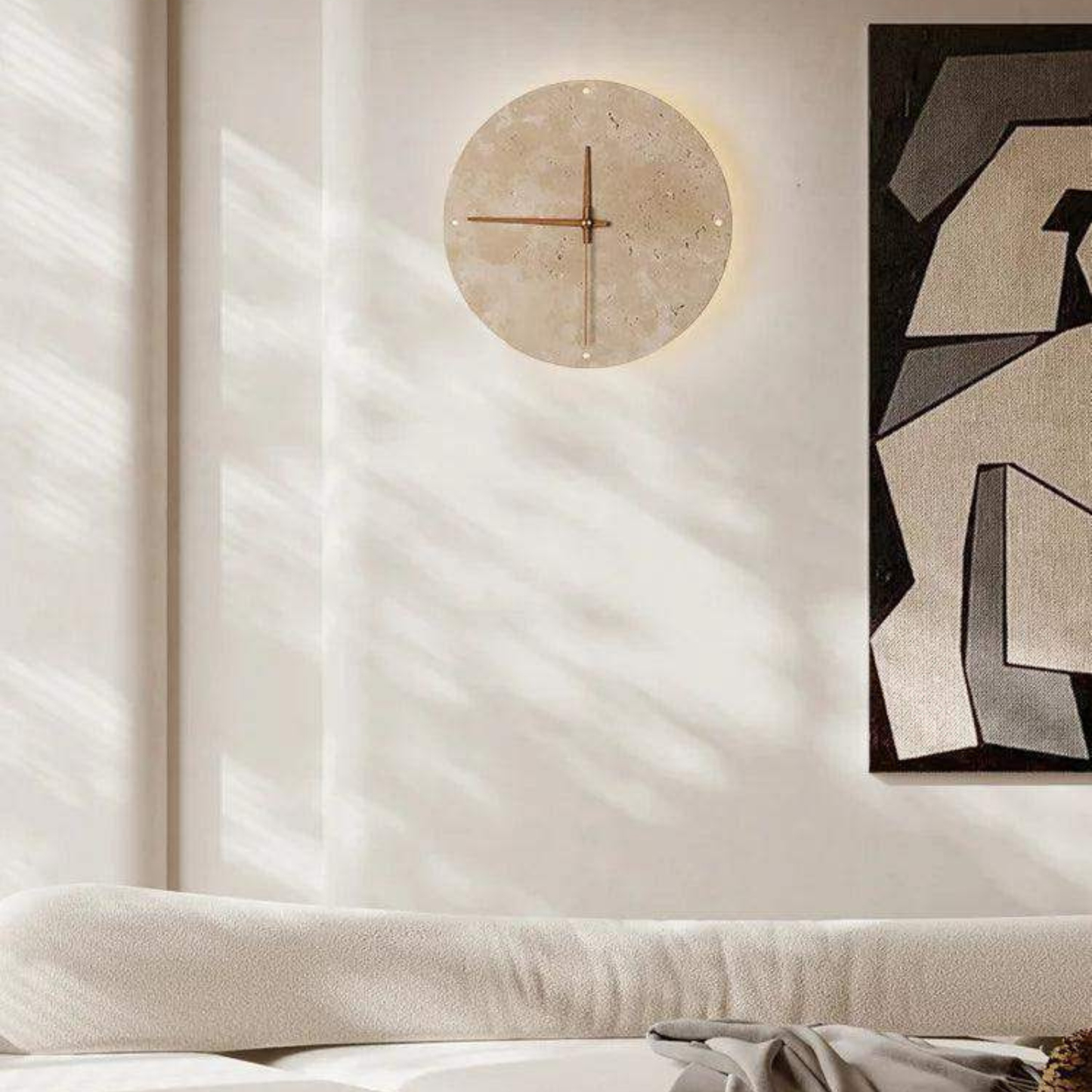 Travertine Wall Clock with LED Light – Minimalistic & Decorative | High-Quality Natural Stone Clock | Bowlift