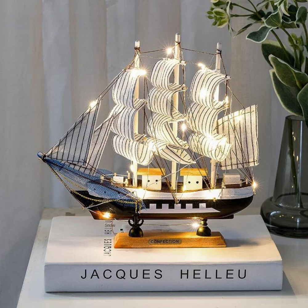 BowLift | Royaleva Nordic Wood Sailboat Sculpture - LED illuminated decorative piece, battery-operated
