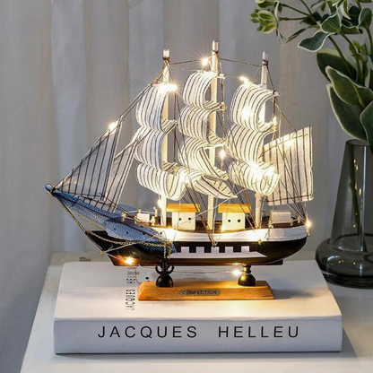 Kalsten | Royaleva Nordic Wood Sailboat Sculpture - LED illuminated decorative piece, battery-operated